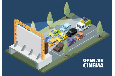 Outdoor cinema. Isometric open space park people watching movies from