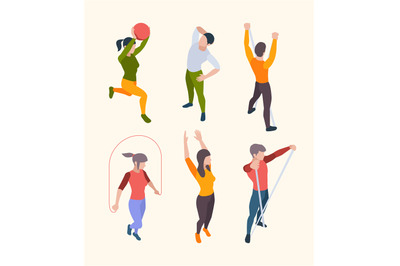 Home fitness characters. People sport gym exercises with online broadc