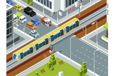 Railway crossing isometric. Trains cars rails traffic barrier stations