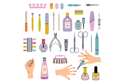 Manicure salon items. Polish nails pedicure tools in beauty salon for