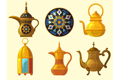 Arabic heritage. East cultural native traditional objects various pott