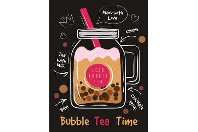 Bubble tea poster. Print cafe menu design with funny text typography p