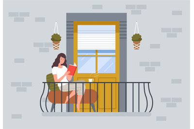 Woman reading on balcony. People relax sitting on chair in modern balc