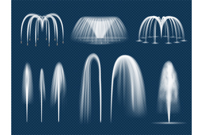 Fountain jet. Realistic decorative water outdoor splashes isolated vec