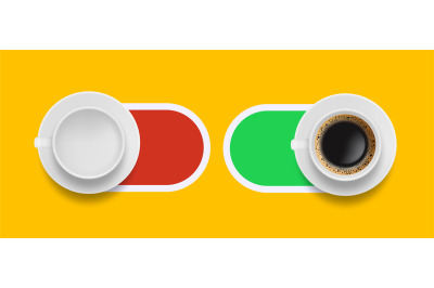 Coffee morning sliders. On off buttons with realistic empty white mug