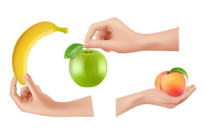 Fruits in hands. Realistic arms holding apple peach banana, isolated h