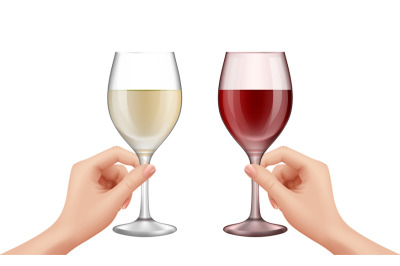 Hands hold wine glasses. Realistic white red wines, winery production,