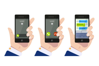 Incoming call. Hand holding smartphone, calling mobile and chat in mes