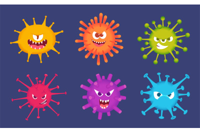 Cute cartoon viruses. Bacteria emotional faces scared emoticons devil