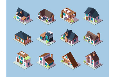 Cottages isometric. Luxury houses small villages residential towns fac