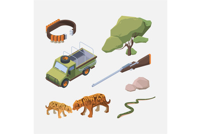 African safari isometric. Wild animals people and tourist transport af