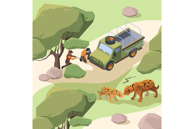 African tourists at road. Wild safari desert adventure concept vector