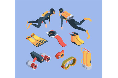 Diving club. Isometric underwater sport items for divers flippers brea