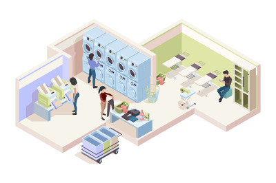 Industry laundry room. Isometric interior of cleaning service laundry