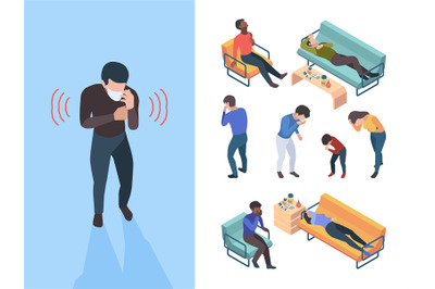 Flu symptoms. Sick people bacteria sneezing coughing garish vector cha
