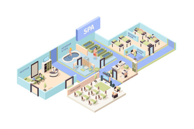 Spa center isometric. Beauty relax salon rooms for yoga swimming pool