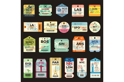 Retro travel tickets. Vintage tags for flight plane luggage ticket rec