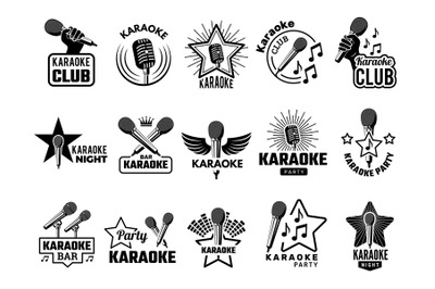 Karaoke event. Music party symbols emblems with microphone singers con