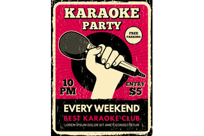 Karaoke party poster. Music club placard with microphone silhouettes r