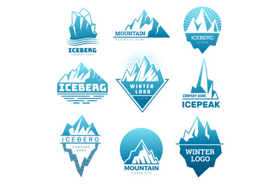 Mountain logo. Badges with ice rock pictures iceberg on north pole ant