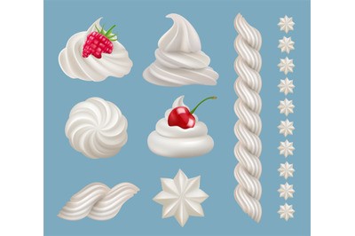 Cream swirls. Food liquid cream with fruits top of cakes decent vector