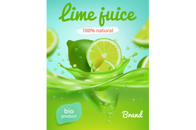 Lime juice poster. Ads placard with fresh fruits and juice splashes he