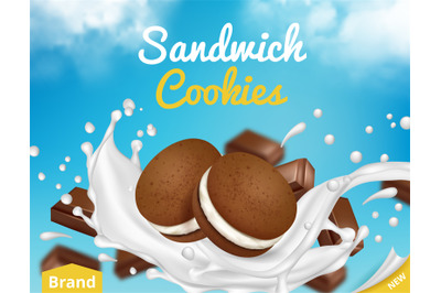 Cookies with milk. Ads poster with sugar cookies flowing in milk splas