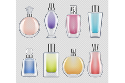 Perfumes bottles. Realistic luxury good smell for female in glass bott