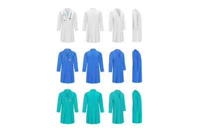 Colored doctor coats. Professional fashioned uniform for medical speci