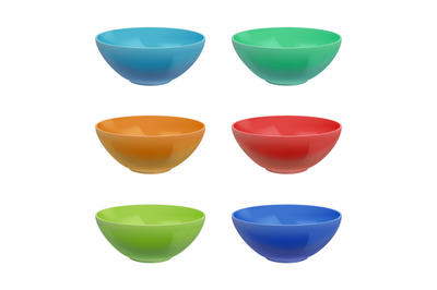 Empty bowls. Kitchen colored ceramic plates decent vector realistic bo