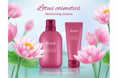 Cosmetic ads placard. Beautiful lotus flowers with packages of beauty