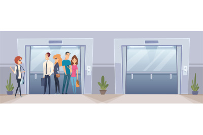 Business people in elevator. Open and closed elevators in office build