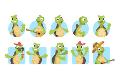 Cartoon turtles avatars. Greetings animal, turtle say hello. Cute port