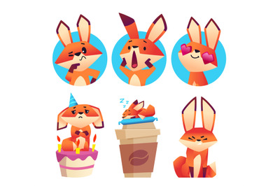 Emotional foxes avatars. Cute cartoon fox sleep on coffee mug, thinkin