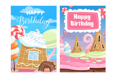 Happy birthday cards. Sweet candy&2C; cake lollipops ice cream cartoon ve