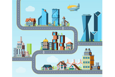 Kids road map. Top view highway with downtows, eco factory different f