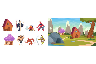 Magic heroes. Fairytale landscape, cute cartoon houses, magical forest