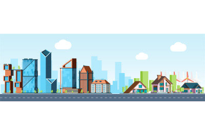 Megapolis vs village. Urban landscape, downtown and suburb real estate