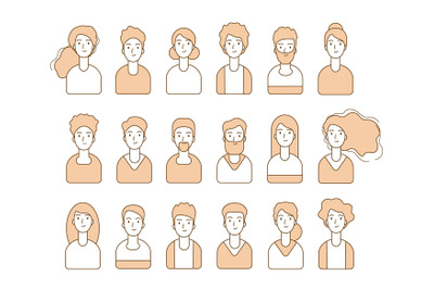 People avatars. Line person portraits, diverse man woman id images for