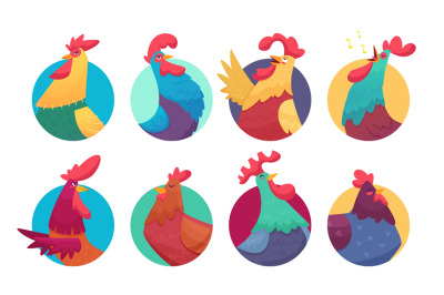 Rooster avatars. Cartoon chicken and roosters, colorful farm birds sti