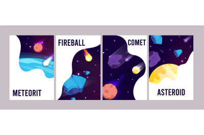 Space universe cards. Cartoon meteorit comet fireball vector posters