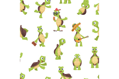 Turtles pattern. Funny kids cartoon turtle, happy cute animals vector