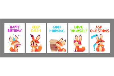 Wild cute fox cards. Positive cartoon animal banners, birthday love yo