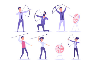 Business archer. Office manager shooting to goal target or aim profess