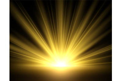 Golden glow of sun rays. Yellow light isolated on black background. Go