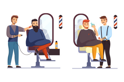 People in hair salon. Barber shop, stylists work with clients, male ha