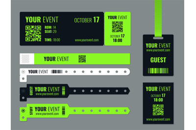 Event access control. Realistic wrist tags mockup&2C; corporate entry tic