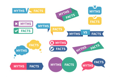 Myths facts. Truth vs lie text signs, color shapes badges, speech bubb