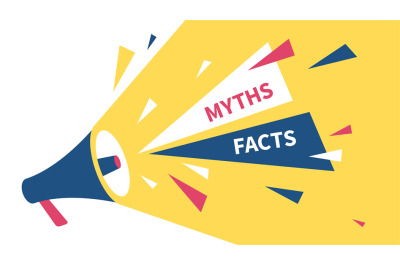 Myths vs facts. Loudspeaker with words&2C; false and true info&2C; fake and