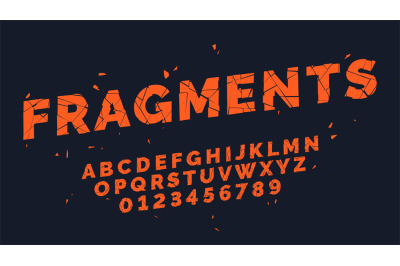 Fragments font. Broken oblique alphabet, capital latin letters and num